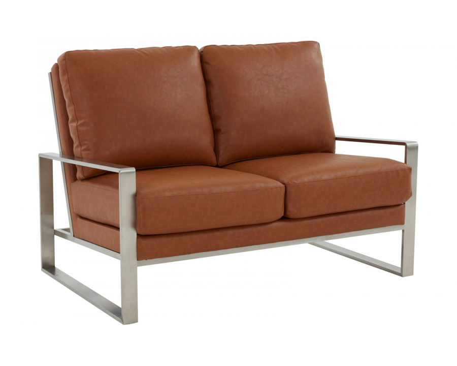 LeisureMod Jefferson Contemporary Modern Faux Leather Loveseat With Silver Frame - Cognac Tan