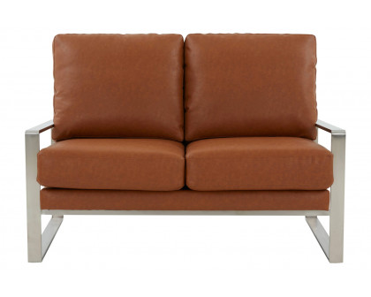 LeisureMod Jefferson Contemporary Modern Faux Leather Loveseat With Silver Frame - Cognac Tan