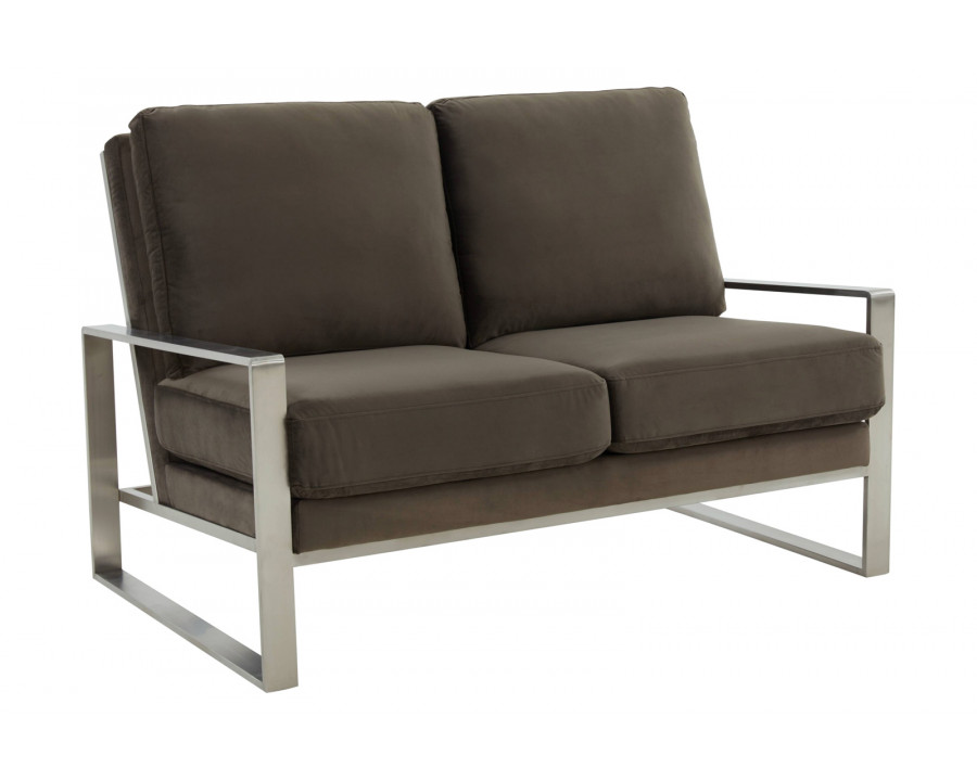 LeisureMod Jefferson Contemporary Modern Velvet Loveseat With Silver Frame - Dark Gray