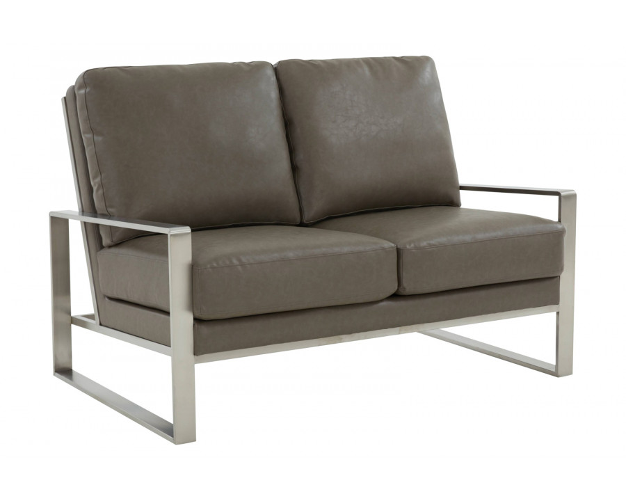 LeisureMod Jefferson Contemporary Modern Faux Leather Loveseat With Silver Frame - Gray