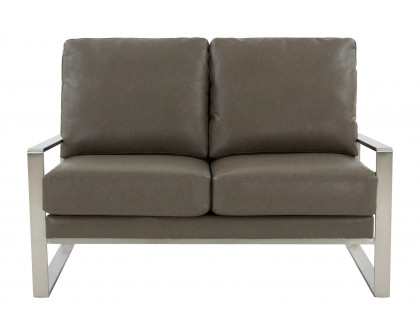 LeisureMod Jefferson Contemporary Modern Faux Leather Loveseat With Silver Frame - Gray