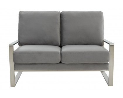 LeisureMod Jefferson Contemporary Modern Velvet Loveseat With Silver Frame - Light Gray