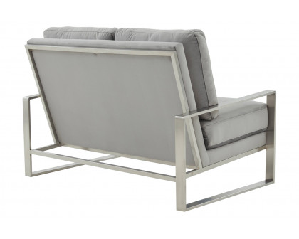 LeisureMod Jefferson Contemporary Modern Velvet Loveseat With Silver Frame - Light Gray