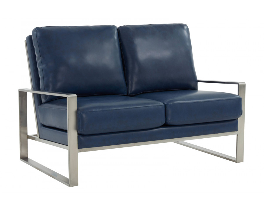 LeisureMod Jefferson Contemporary Modern Faux Leather Loveseat With Silver Frame - Navy Blue