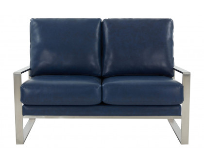 LeisureMod Jefferson Contemporary Modern Faux Leather Loveseat With Silver Frame - Navy Blue