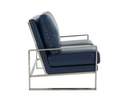 LeisureMod Jefferson Contemporary Modern Faux Leather Loveseat With Silver Frame - Navy Blue