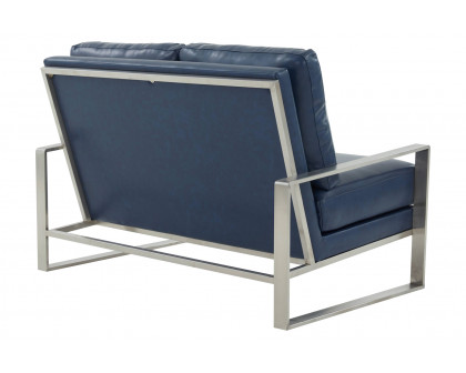 LeisureMod Jefferson Contemporary Modern Faux Leather Loveseat With Silver Frame - Navy Blue