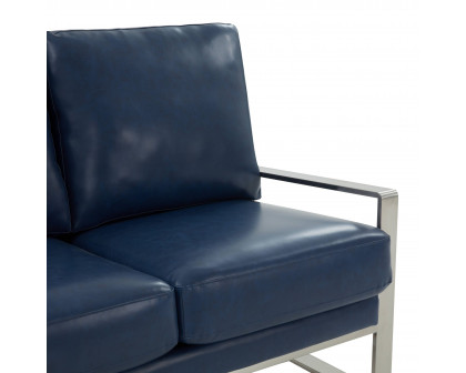 LeisureMod Jefferson Contemporary Modern Faux Leather Loveseat With Silver Frame - Navy Blue