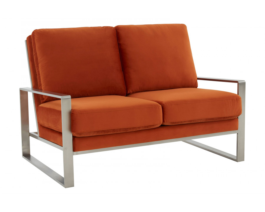 LeisureMod Jefferson Contemporary Modern Velvet Loveseat With Silver Frame - Orange