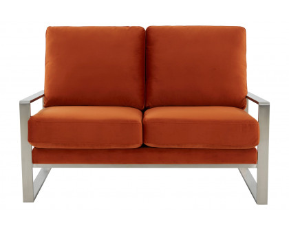 LeisureMod Jefferson Contemporary Modern Velvet Loveseat With Silver Frame - Orange