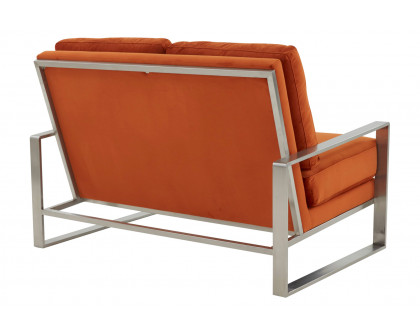 LeisureMod Jefferson Contemporary Modern Velvet Loveseat With Silver Frame - Orange