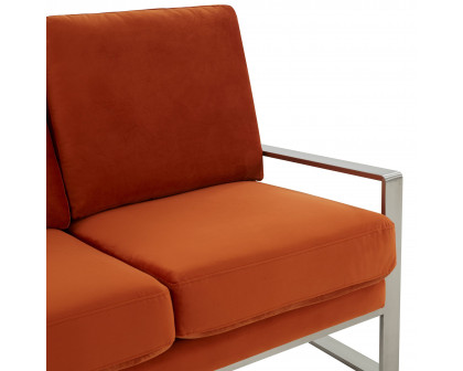 LeisureMod Jefferson Contemporary Modern Velvet Loveseat With Silver Frame - Orange