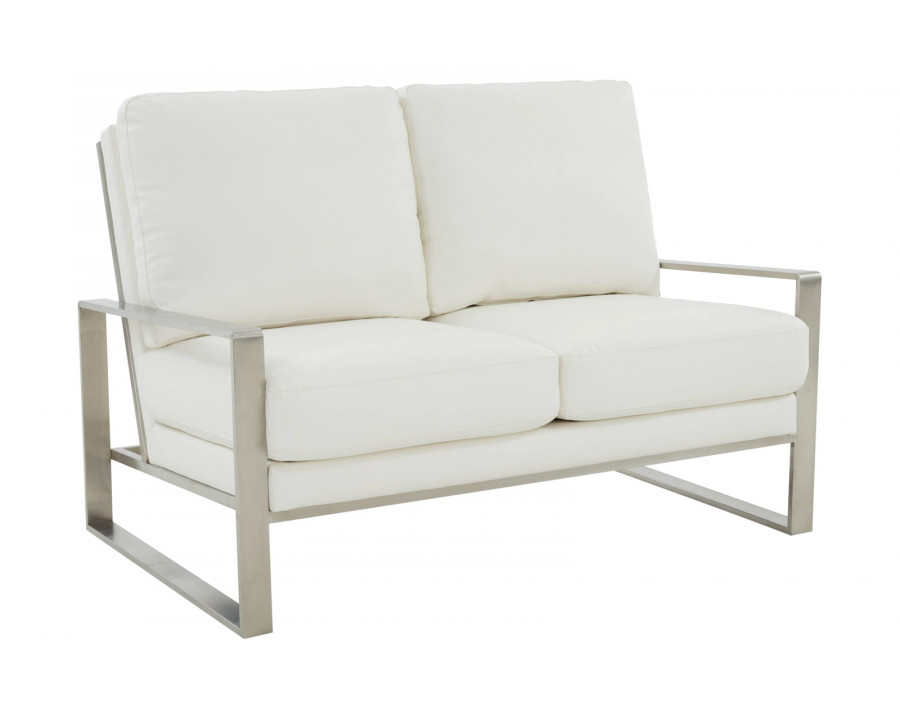 LeisureMod Jefferson Contemporary Modern Faux Leather Loveseat With Silver Frame