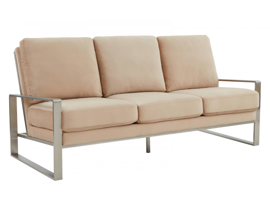 LeisureMod Jefferson Contemporary Modern Design Velvet Sofa With Silver Frame - Beige