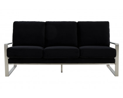 LeisureMod Jefferson Contemporary Modern Design Velvet Sofa With Silver Frame - Black