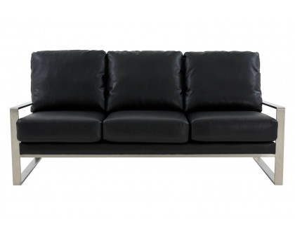 LeisureMod Jefferson Contemporary Modern Design Leather Sofa With Silver Frame - Black