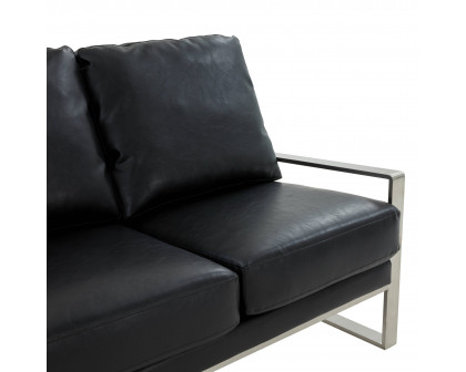 LeisureMod Jefferson Contemporary Modern Design Leather Sofa With Silver Frame - Black