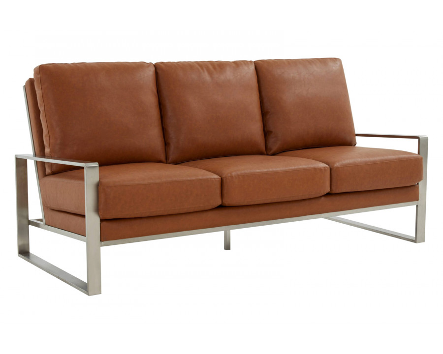 LeisureMod Jefferson Contemporary Modern Design Leather Sofa With Silver Frame - Cognac Tan