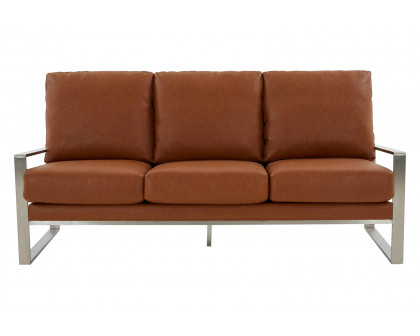 LeisureMod Jefferson Contemporary Modern Design Leather Sofa With Silver Frame - Cognac Tan