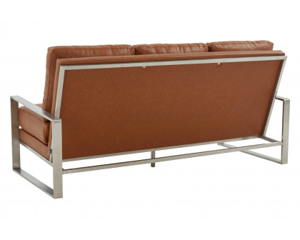 LeisureMod Jefferson Contemporary Modern Design Leather Sofa With Silver Frame - Cognac Tan