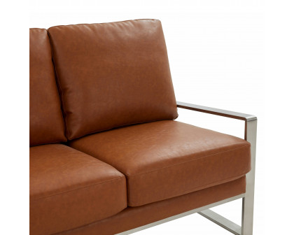 LeisureMod Jefferson Contemporary Modern Design Leather Sofa With Silver Frame - Cognac Tan