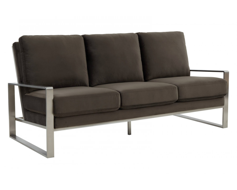 LeisureMod Jefferson Contemporary Modern Design Velvet Sofa With Silver Frame - Dark Gray