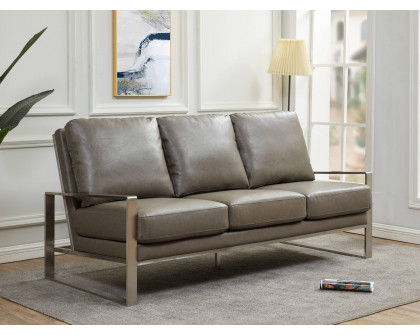 LeisureMod Jefferson Contemporary Modern Design Leather Sofa With Silver Frame - Gray