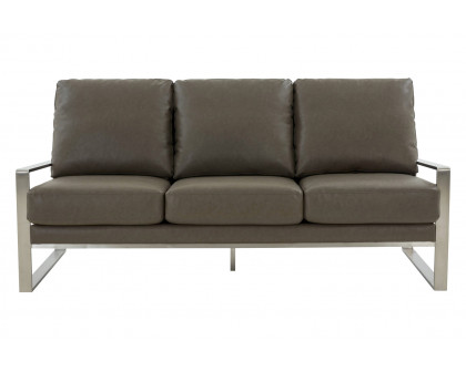 LeisureMod Jefferson Contemporary Modern Design Leather Sofa With Silver Frame - Gray