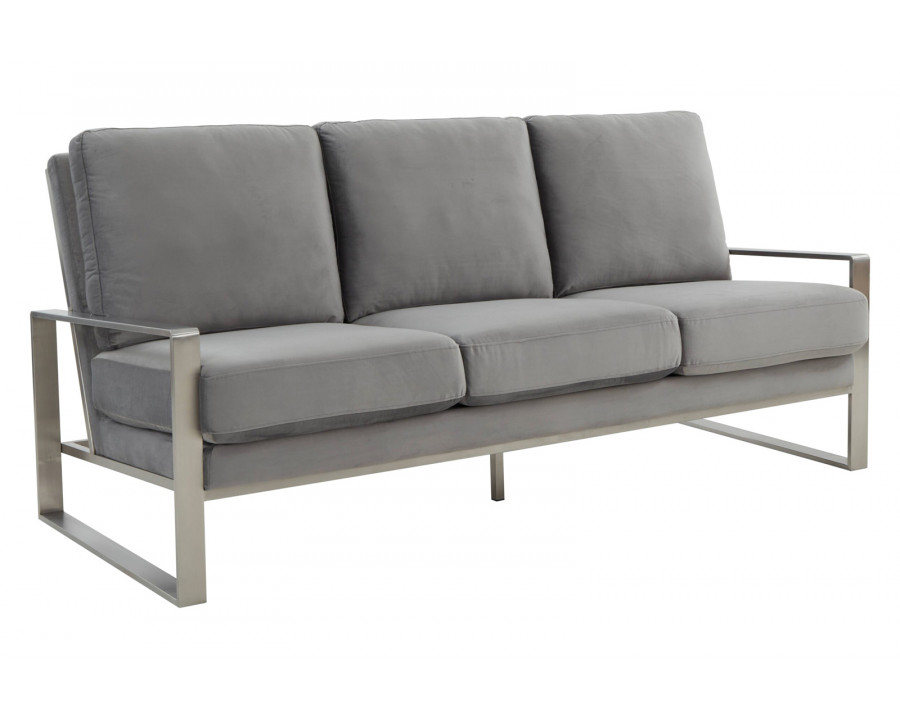 LeisureMod Jefferson Contemporary Modern Design Velvet Sofa With Silver Frame - Light Gray