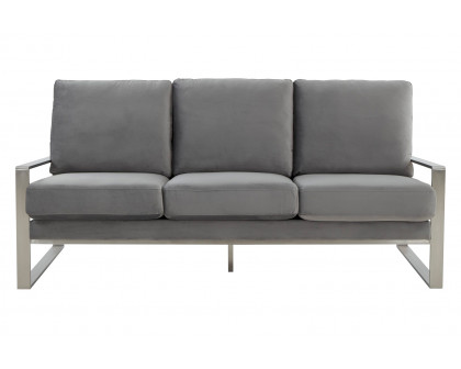 LeisureMod Jefferson Contemporary Modern Design Velvet Sofa With Silver Frame - Light Gray