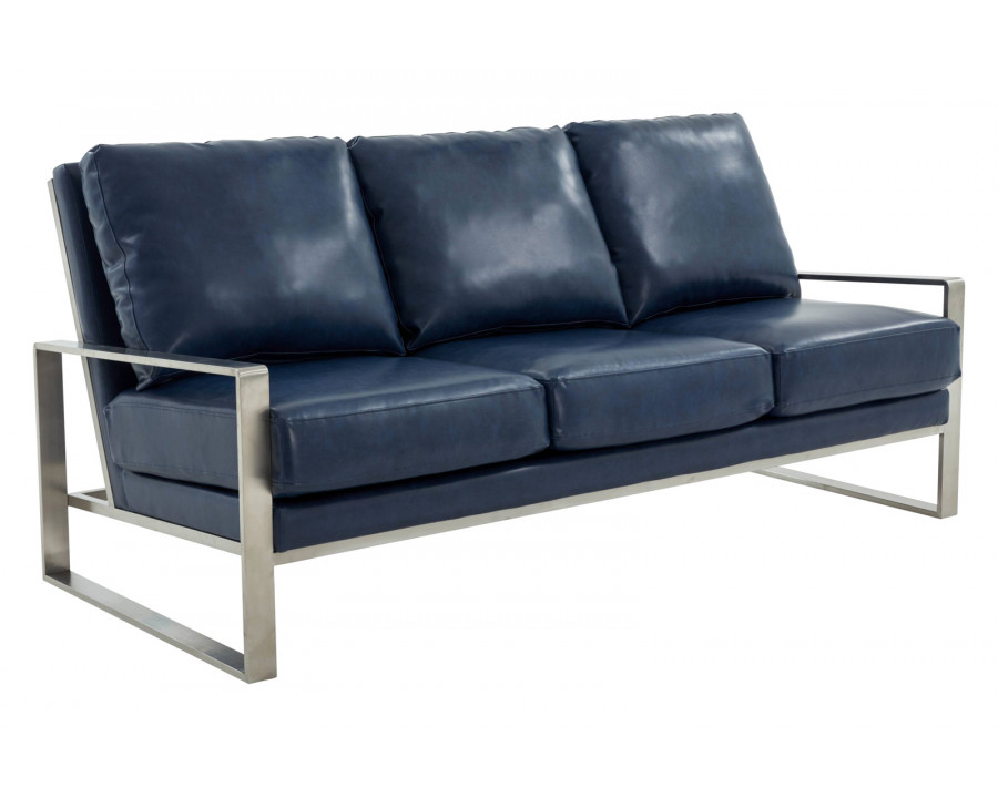 LeisureMod Jefferson Contemporary Modern Design Leather Sofa With Silver Frame - Navy Blue