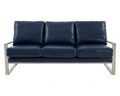 LeisureMod Jefferson Contemporary Modern Design Leather Sofa With Silver Frame - Navy Blue