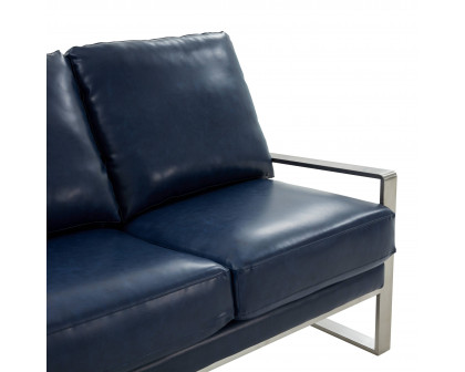 LeisureMod Jefferson Contemporary Modern Design Leather Sofa With Silver Frame - Navy Blue