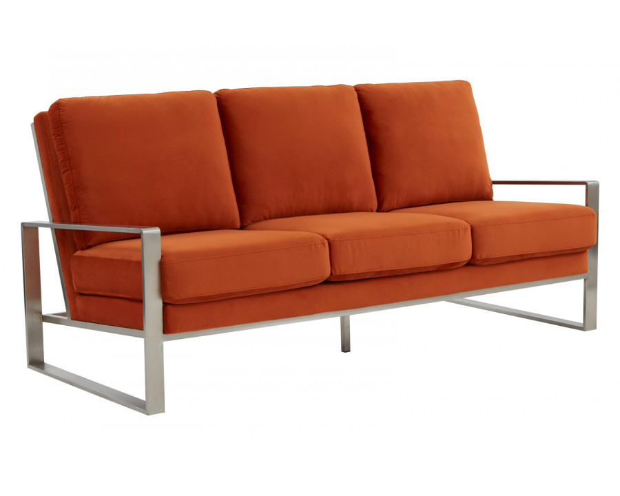 LeisureMod Jefferson Contemporary Modern Design Velvet Sofa With Silver Frame - Orange