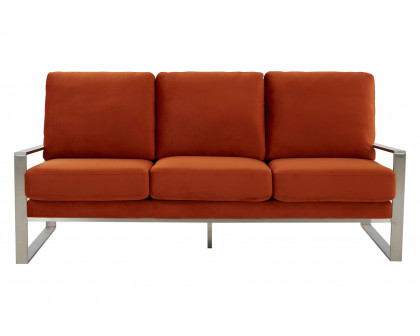 LeisureMod Jefferson Contemporary Modern Design Velvet Sofa With Silver Frame - Orange