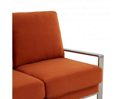 LeisureMod Jefferson Contemporary Modern Design Velvet Sofa With Silver Frame - Orange