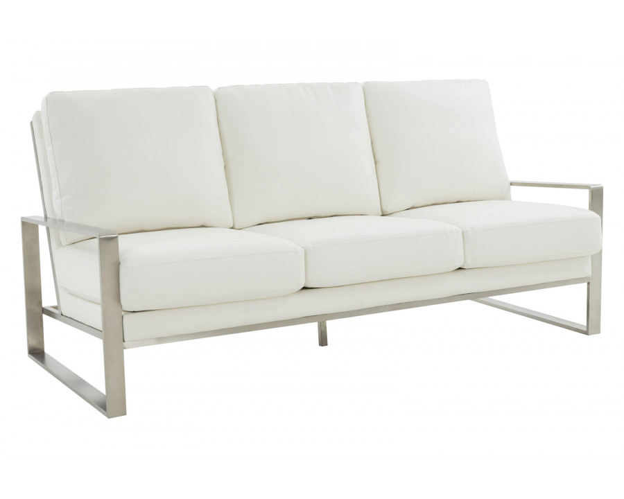 LeisureMod Jefferson Contemporary Modern Design Leather Sofa With Silver Frame - White