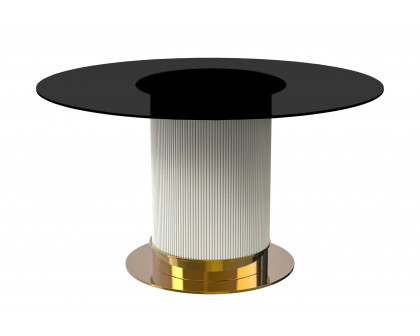 LeisureMod Jexis Modern 60" Round Dining Table with Glass Top and White/Gold Pedestal Base