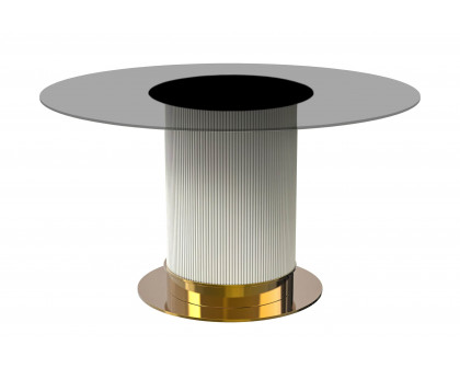 LeisureMod Jexis Modern 60" Round Dining Table with Glass Top and White/Gold Pedestal Base