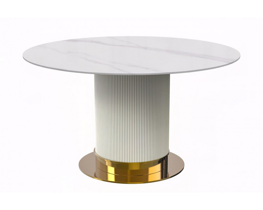 LeisureMod Jexis Modern 60" Round Dining Table with Sintered Stone Top and White/Gold Pedestal Base - Solid White