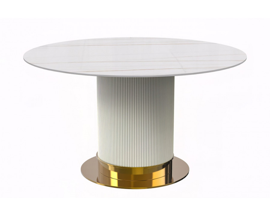 LeisureMod Jexis Modern 60" Round Dining Table with Glass Top and White/Gold Pedestal Base