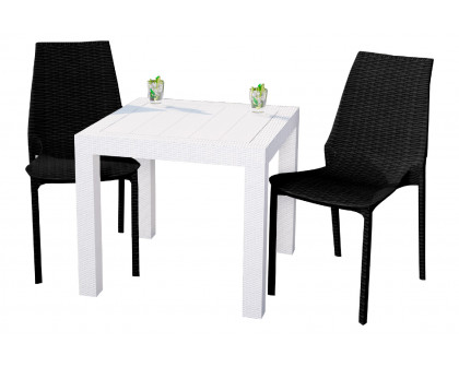 LeisureMod Kent Outdoor White Table With 2 Black Chairs Dining Set