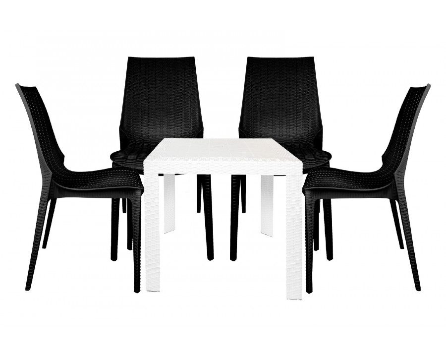 LeisureMod Kent Outdoor White Table With 4 Black Chairs Dining Set - White/Black