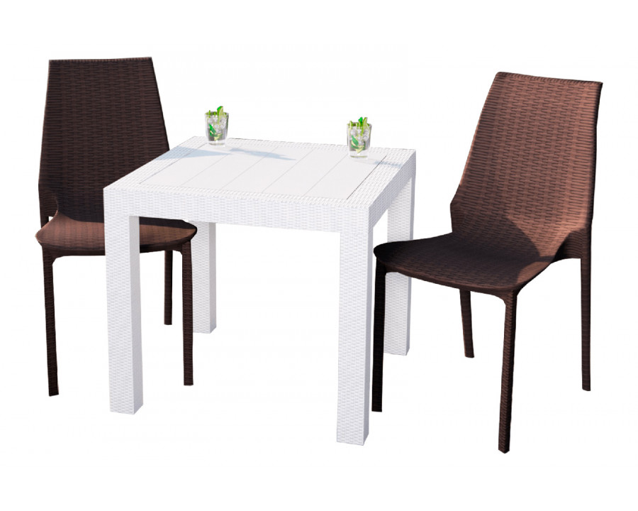 LeisureMod Kent Outdoor White Table With 2 Brown Chairs Dining Set - White/Brown