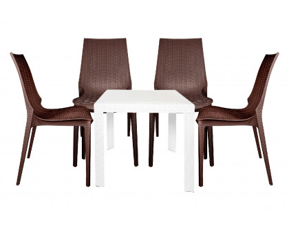 LeisureMod Kent Outdoor White Table With 4 Black Chairs Dining Set