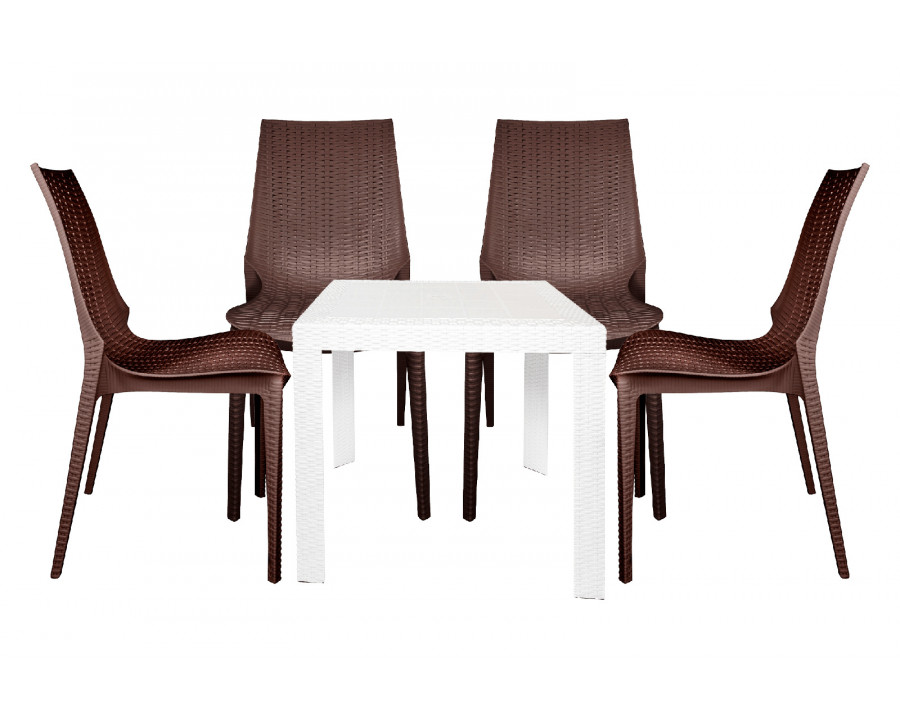 LeisureMod Kent Outdoor White Table With 4 Brown Chairs Dining Set - White/Brown