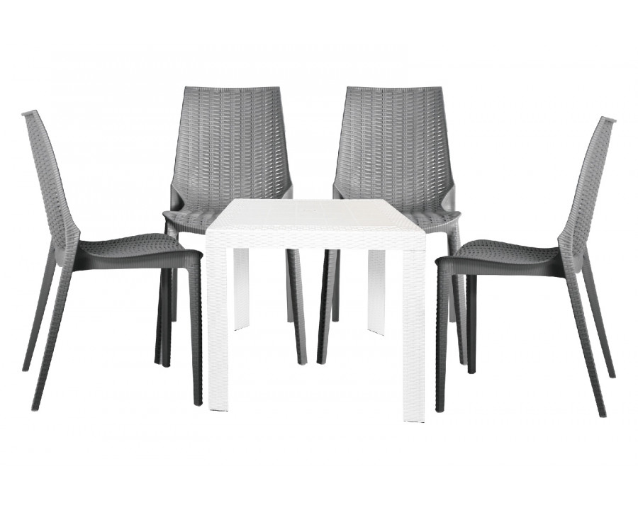 LeisureMod Kent Outdoor White Table With 4 Gray Chairs Dining Set - White/Gray