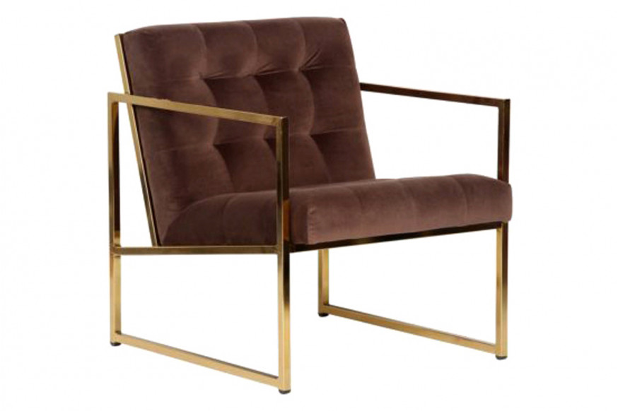 LeisureMod™ Lexington Tufted Velvet Accent Armchair with Gold Frame - Coffee/Brown