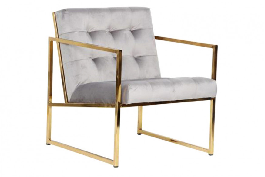 LeisureMod™ Lexington Tufted Velvet Accent Armchair with Gold Frame - Fossil/Gray