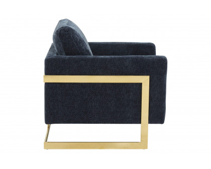 LeisureMod Lincoln Boucle Fabric Accent Armchair Gold Stainless Steel Frame - Blue